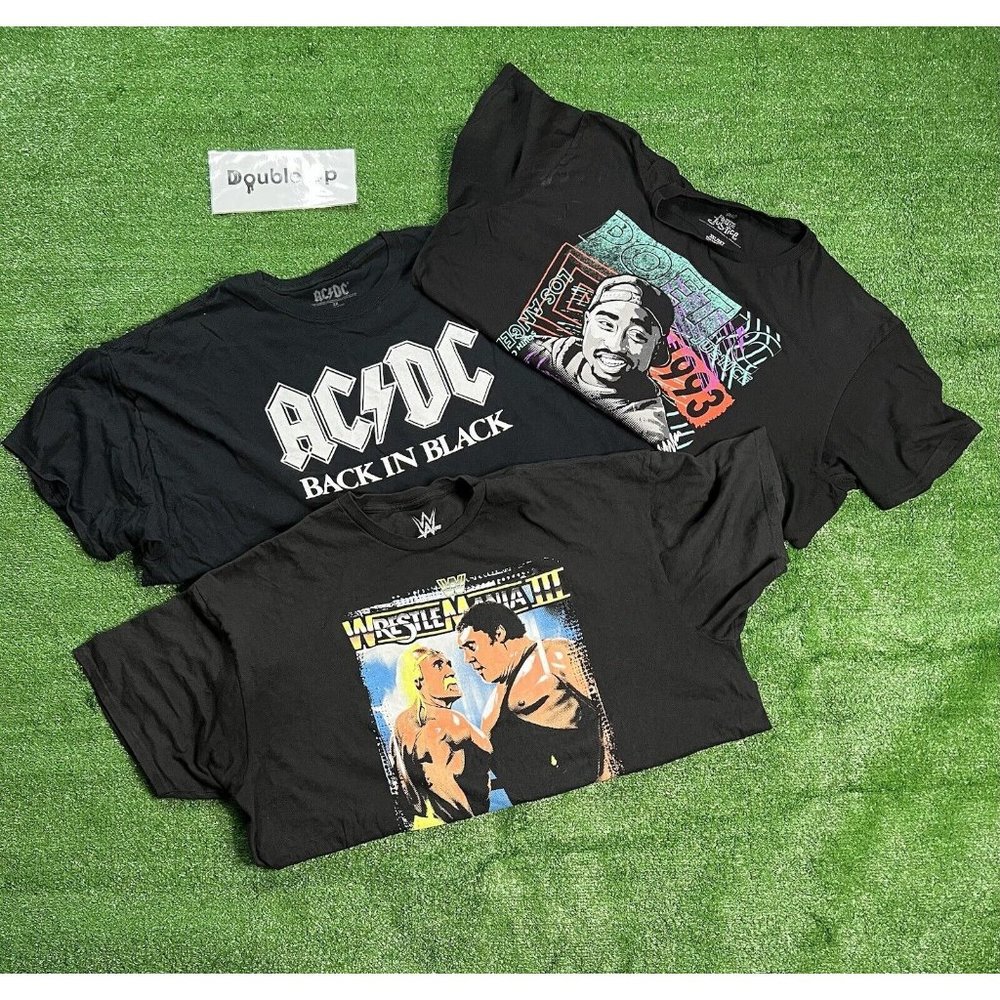 Lot Of 3 Novelty 3 3XL T-shirts Black White Tupac Wwe Ac Dc Wrestle Mania Shirt